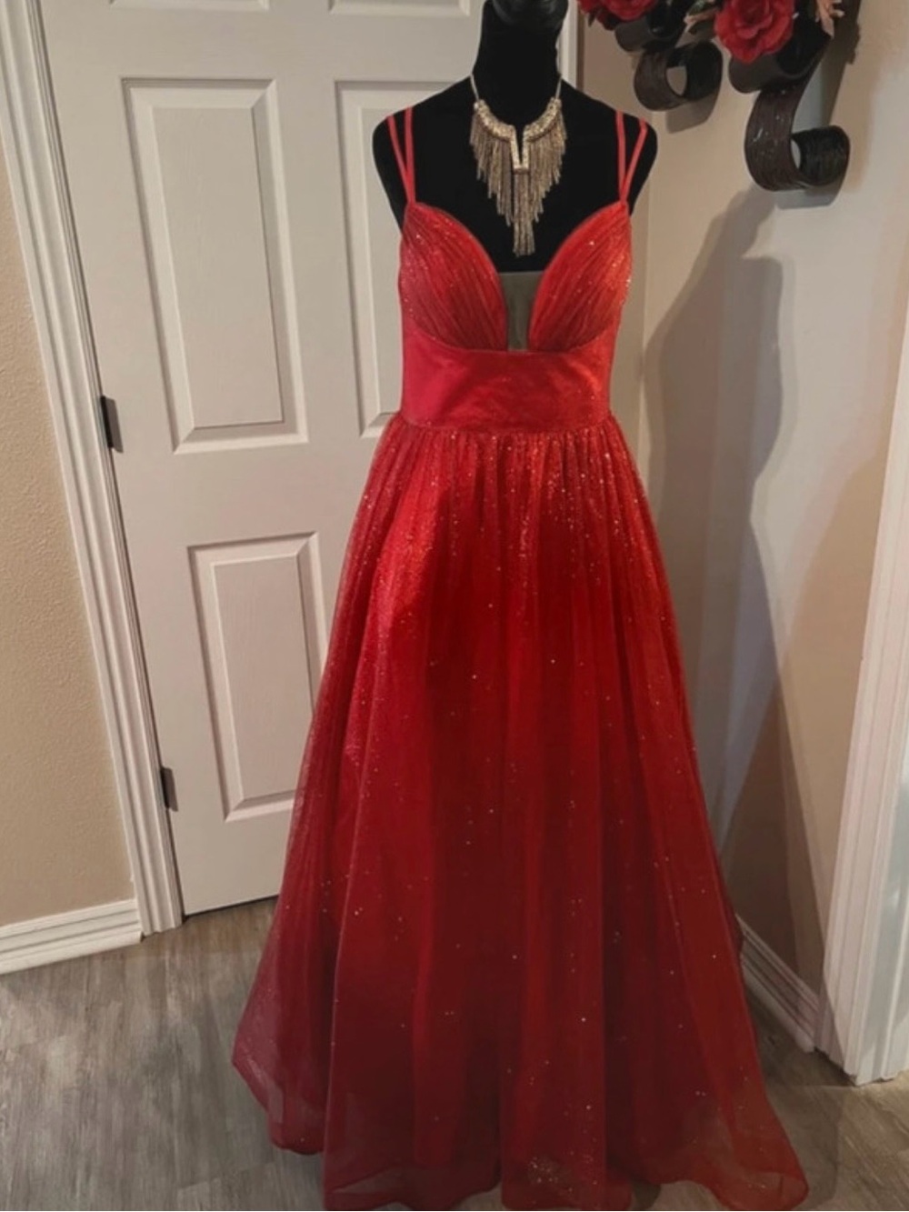 Red Sparkle A-Line Quincinera / Prom Dress with Double Straps